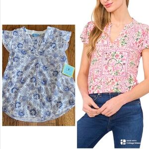 CeCe Blue and White Floral and Paisley Patterned Top MD NWT